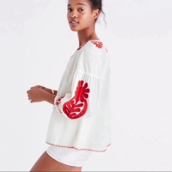 Madewell Blanca Embroidered Blanca Peasant Blouse Red - Picture 2 of 5